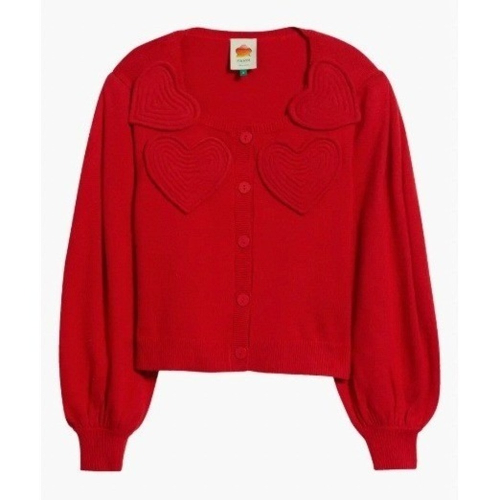 Farm Rio Heart Applique Balloon Sleeve Button Front Cardigan Boho NWT L